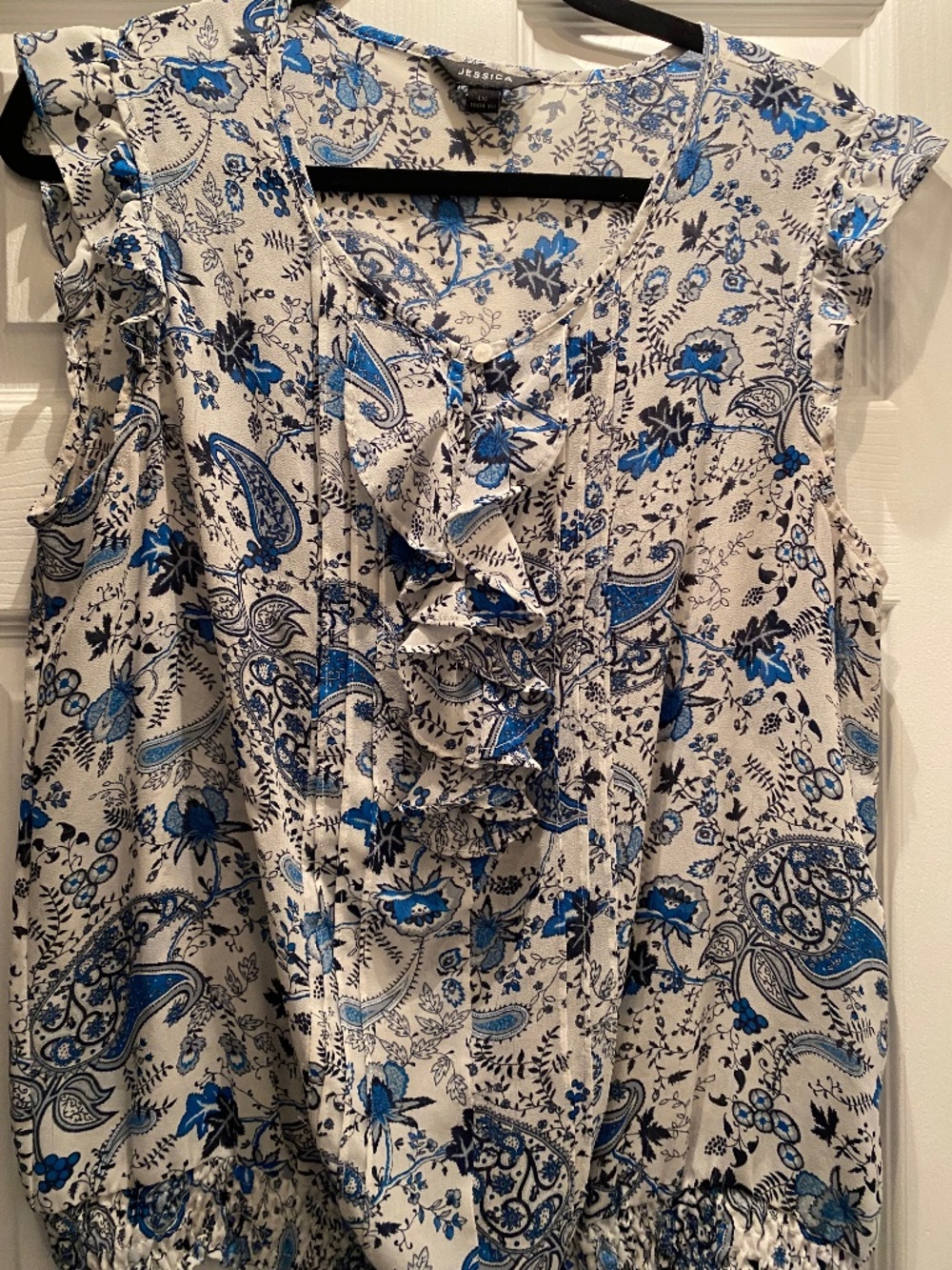 Sheer Blue & White Paisley Floral Sleeveless Blouse